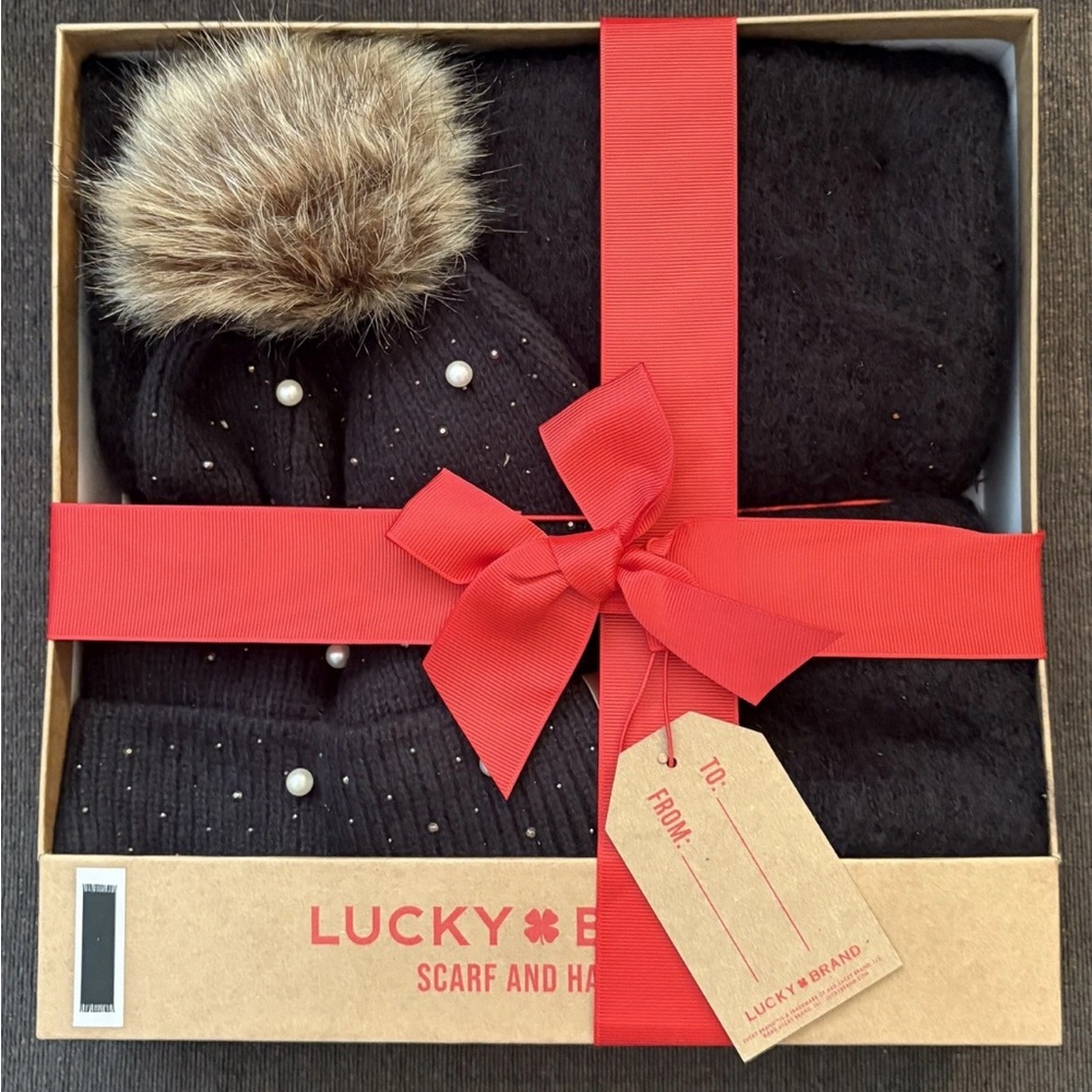Lucky Brand Women's 2 Piece Hat and Scarf Set Black and Pearl Holiday/Winter